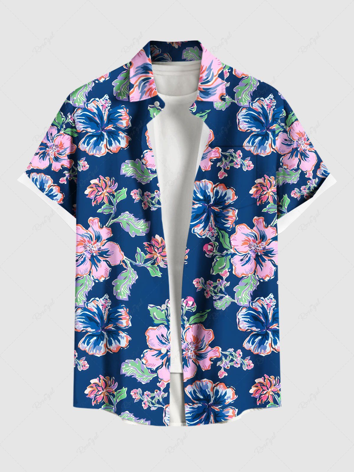 Chemise hawaïenne grande taille à imprimé feuilles d'hibiscus et boutons avec poches pour homme Bleu 5XL