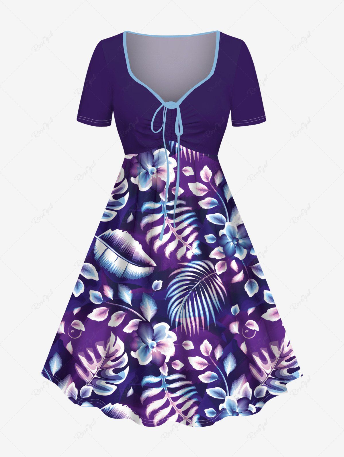 Robe hawaïenne cintrée grande taille à imprimé feuilles tropicales et fleurs d'hibiscus Pourpre  6X
