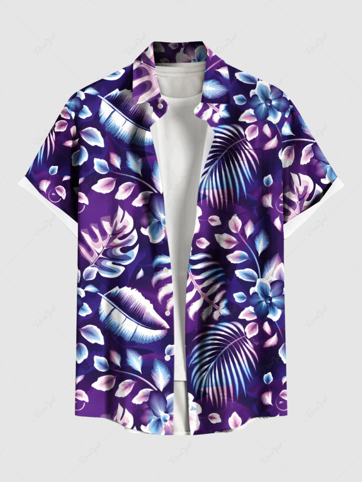 Chemise hawaïenne grande taille à imprimé feuilles tropicales et fleurs d'hibiscus, avec poches et boutons, pour homme Pourpre  5XL
