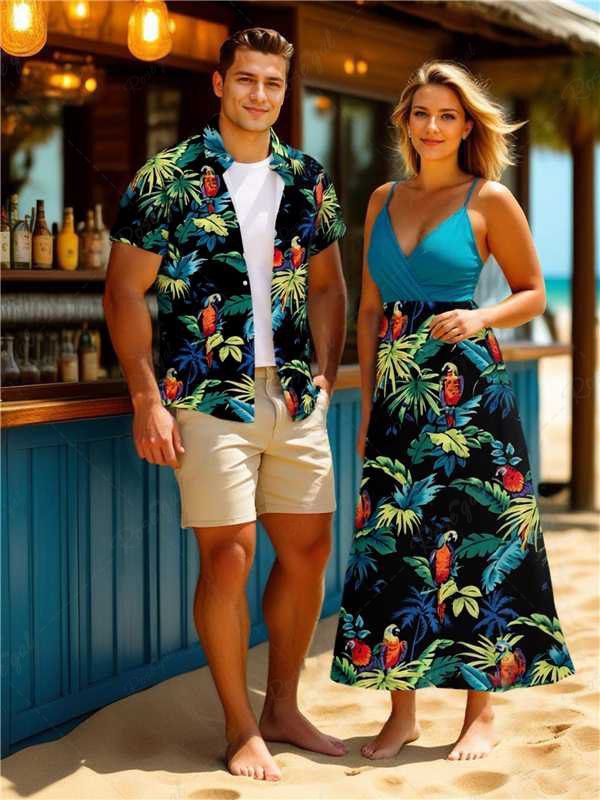 Tenue de plage hawaïenne assortie grande taille à imprimé perroquet et feuilles tropicales ombrées pour couples Vert 