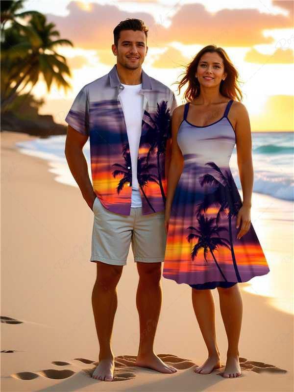Latest Coconut Tree Ombre Dusk Print Plus Size Matching Hawaii Beach Outfit For Couples  