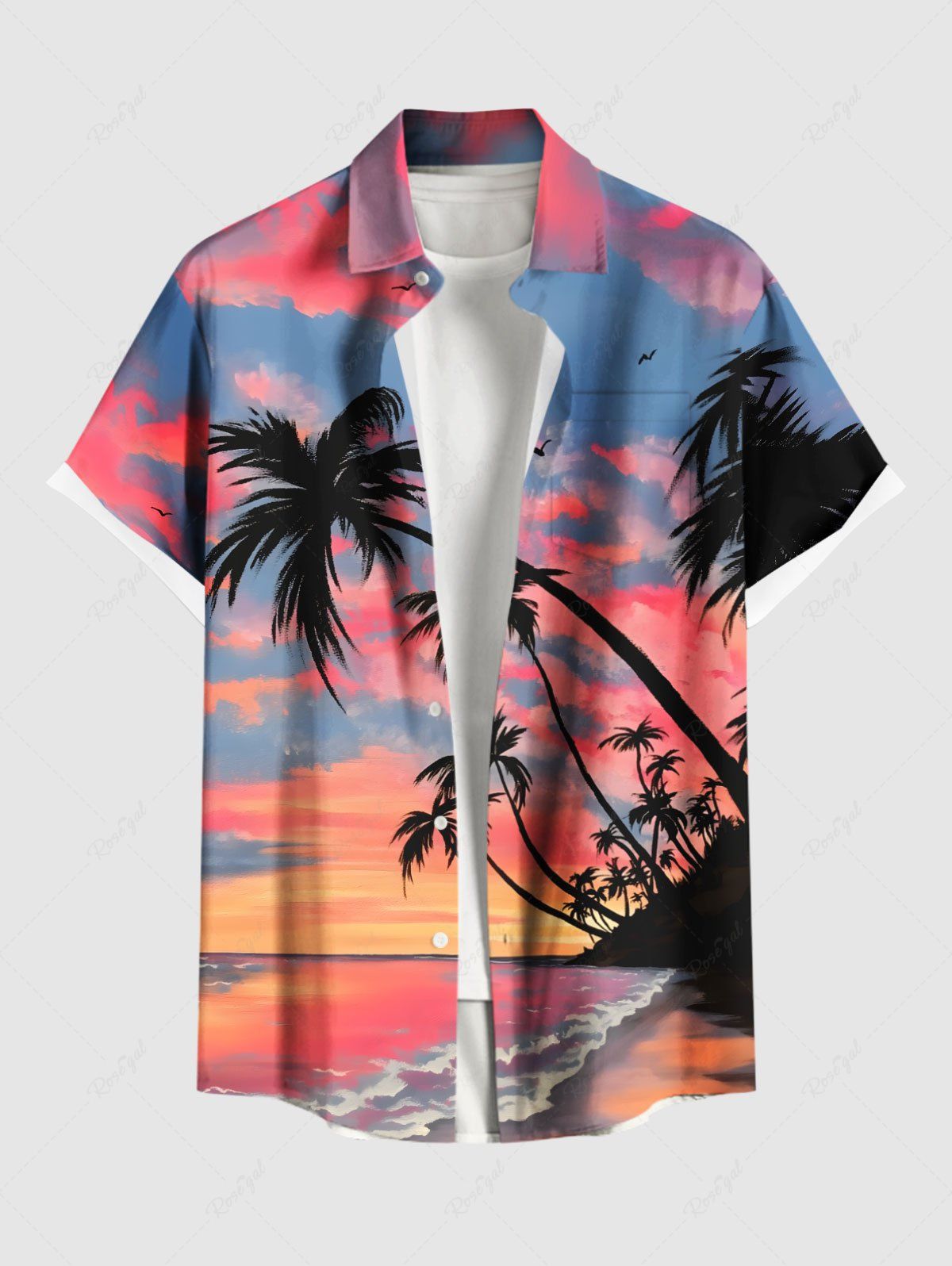Store Plus Size Coconut Tree Seascape Ombre Sky Cloud Print Buttons Pocket Hawaii Shirt For Men  