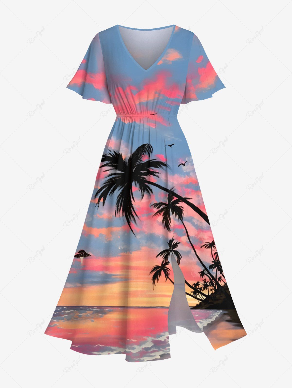 Fancy Plus Size Coconut Tree Seascape Ombre Sky Cloud Print Split Hawaii Midi Dress  