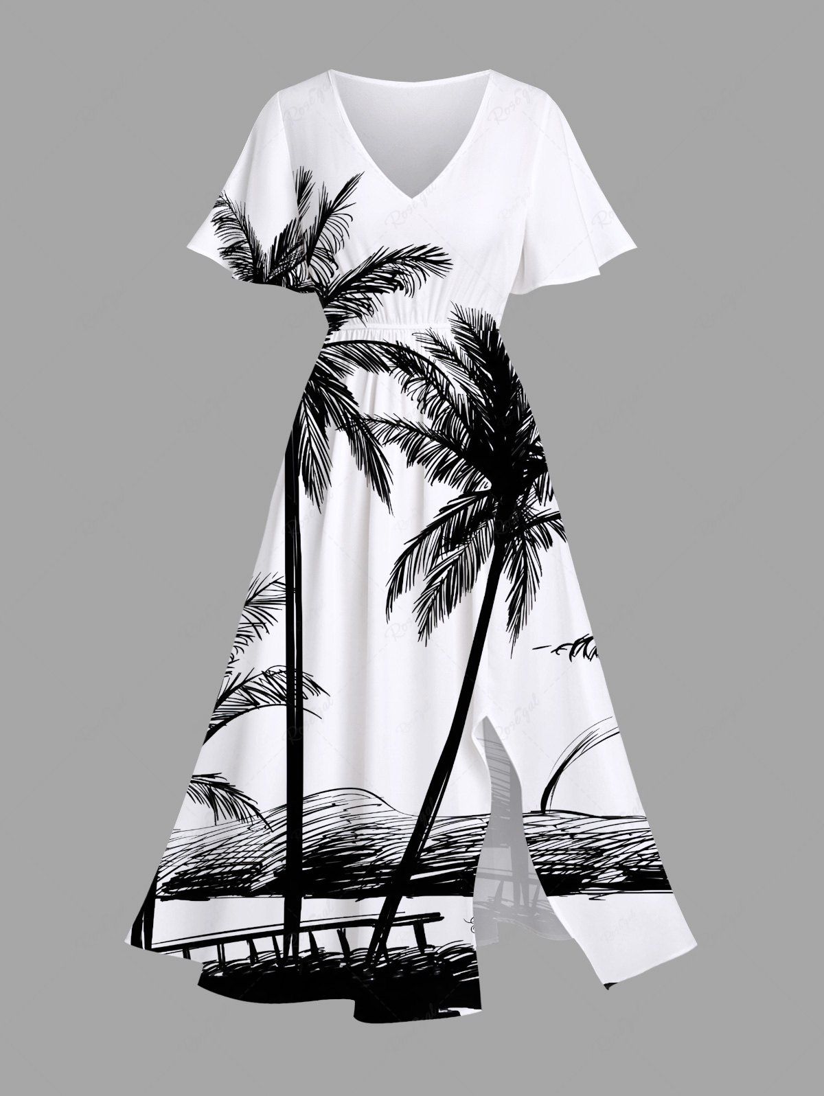Robe mi-longue hawaïenne fendue à imprimé paysage marin et banc de cocotiers, grande taille Blanc 6X