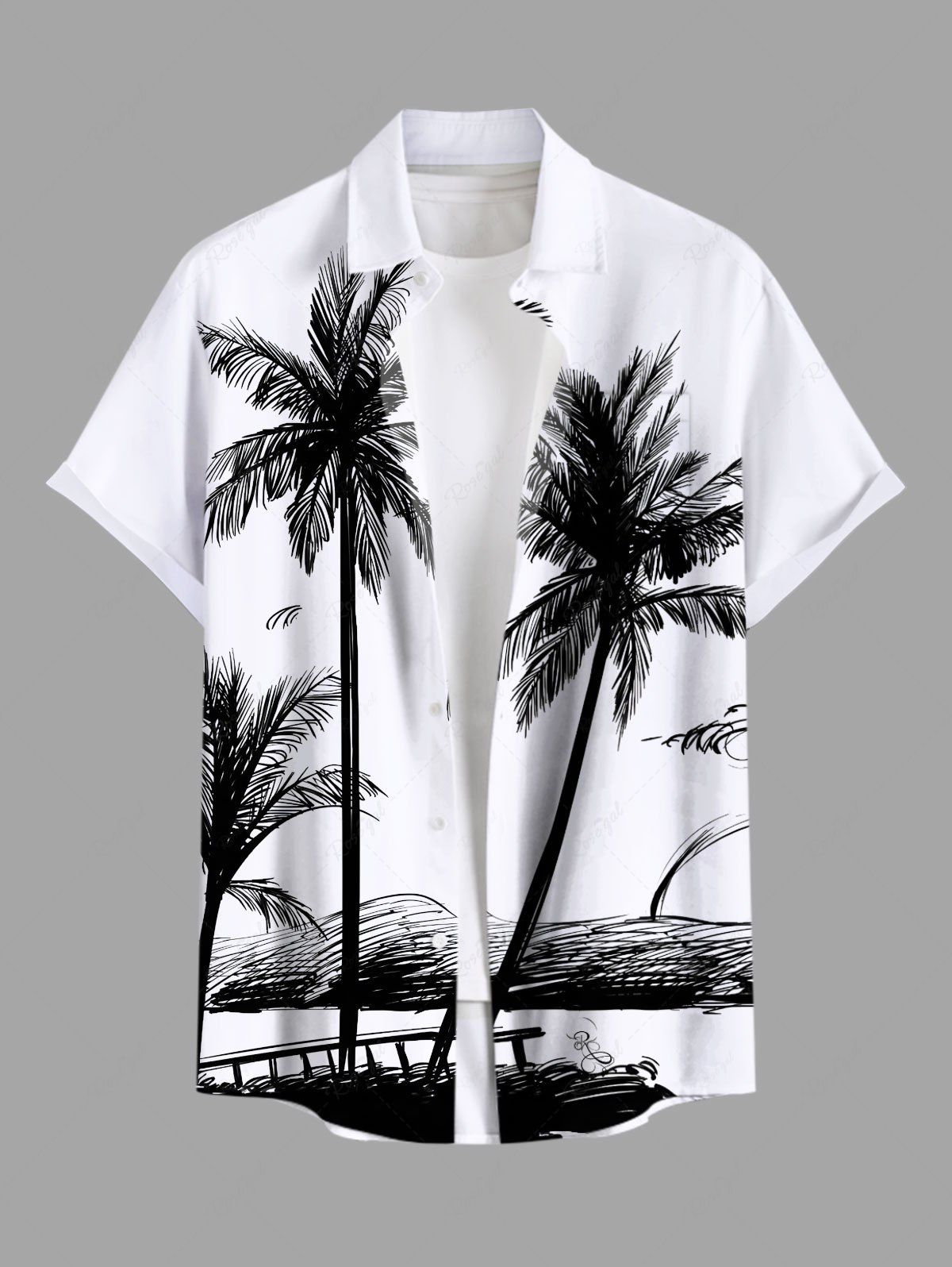 Fancy Plus Size Coconut Tree Bench Seascape Print Buttons Pocket Hawaii Shirt For Men  