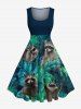 Tenue de plage hawaïenne assortie grande taille à imprimé feuilles tropicales et petit raton laveur pour couples - Vert profond 