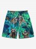 Tenue de plage hawaïenne assortie grande taille à imprimé feuilles tropicales et petit raton laveur pour couples - Vert profond 