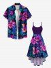 Tenue de plage hawaïenne assortie grande taille à imprimé feuilles tropicales et fleurs d'hibiscus pour couples - Pourpre  