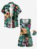 Ensemble chemise et barboteuse hawaïennes assorties, grande taille, tenue de plage, imprimé feuilles tropicales, fleurs d'hibiscus, pour couples - Vert 