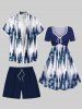 Plus Size Tie Dye Ombre Light Wave Print Hawaii Button Pocket Shirt For Men -  