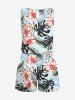 Plus Size Tropical Leaf Hibiscus Flower Print Hawaii Drawstring Pocket Romper -  
