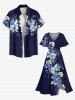 Plus Size Tropical Leaf Hibiscus Flower Print Hawaii Split Pocket A Line Midi Dress -  