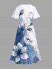 Plus Size Ink Painting Watercolor Flower Print Hawaii Split Pocket A Line Midi Dress -  
