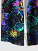 Chemise hawaïenne grande taille à imprimé marguerites, feuilles et boutons fluo avec poches pour homme - Noir 2XL