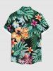 Plus Size Tropical Leaf Hibiscus Flowers Print Buttons Pocket Hawaii Shirt For Men -  