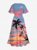 Plus Size Coconut Tree Seascape Ombre Sky Cloud Print Split Hawaii Midi Dress -  