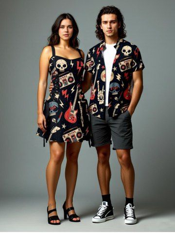Halloween Skull Guitar Radio Print Rock and Roll Matching Outfit For Couples - BLACK
