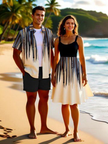 Scarf Pattern Design Geometric Stripes Print Plus Size Matching Hawaii Beach Outfit For Couples - LIGHT COFFEE