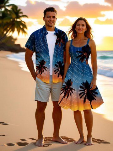 Coconut Tree Meteor Shower Ombre Print Plus Size Matching Hawaii Beach Outfit For Couples - BLUE