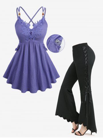Floral Applique Crisscross Top and Lace Up Scalloped Hem High Low Asymmetric Flare Pants Plus Size Outfit - LIGHT PURPLE