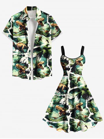 Coconut Tree Dinosaur Forest Print Plus Size Matching Hawaii Beach Outfit For Couples - GREEN