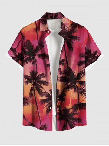 Plus Size Ombre Coconut Tree Print Hawaii Button Pocket Shirt For Men - RED - XL