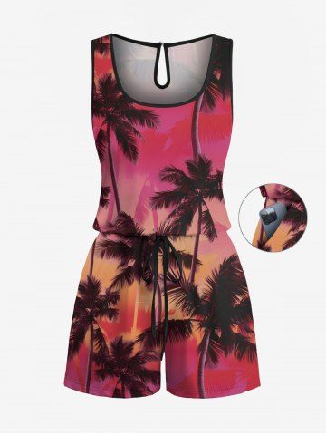 Plus Size Ombre Coconut Tree Print Hawaii Drawstring Pocket Romper - RED - XXS