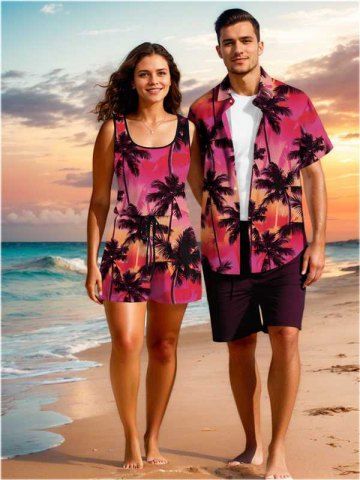 Matching Hawaii Shirt and Romper Plus Size Beach Outfit Ombre Coconut Tree Print For Couples