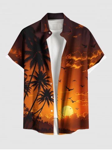 Plus Size Coconut Tree Ombre Dusk Sunset Print Hawaii Button Pocket Shirt For Men - ORANGE - S