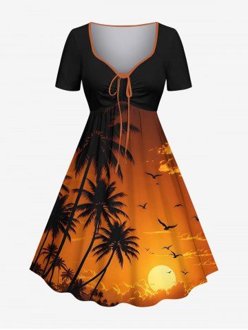 Plus Size Coconut Tree Ombre Dusk Sunset Print Hawaii Cinched A Line Dress - ORANGE - XS