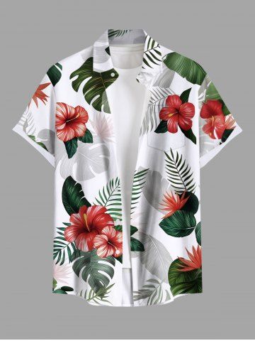 Plus Size Ombre Tropical Leaf Hibiscus Flower Print Hawaii Button Pocket Shirt For Men - WHITE - XL