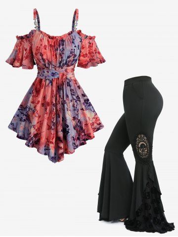 Tenue grande taille avec t-shirt à épaules dénudées et imprimé tie-dye et pantalon évasé à motifs floraux et têtes de mort - MULTI-F