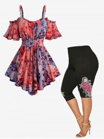 Tie Dye Print Flowers Flocking Cold Shoulder T-shirt and Rose Printed High Waist Capri Leggings Plus Size Outfit - MULTI-F