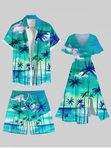 Coconut Tree Cloud Sea Ombre Sky Print Plus Size Matching Hawaii Beach Outfit For Couples - GREEN