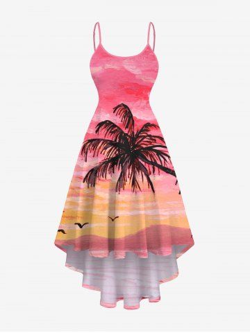 Plus Size Coconut Tree Seascape Mountain Cloud Ombre Print High Low Hawaii Cami Dress - LIGHT PINK - 5X