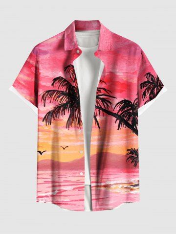 Plus Size Coconut Tree Seascape Mountain Cloud Ombre Print Buttons Pocket Hawaii Shirt For Men - RED - XL