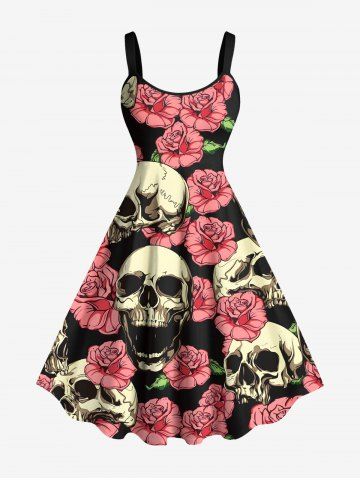 Plus Size Skulls Rose Flowers Print Hawaii Tank Dress