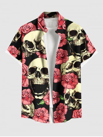 Plus Size Skulls Rose Flowers Print Buttons Pocket Hawaii Shirt For Men - BLACK - S