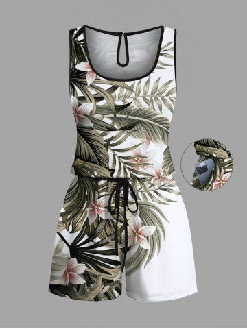 Plus Size Tropical Leaf Hibiscus Flowers Print Cinched Hawaii Romper - WHITE - S