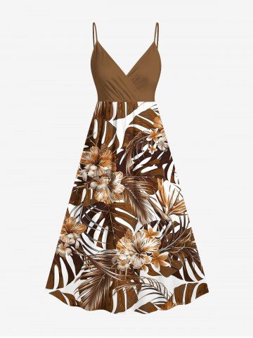 Plus Size Tropical Leaf Hibiscus Flowers Print Surplice Hawaii Cami Dress - COFFEE - 5X