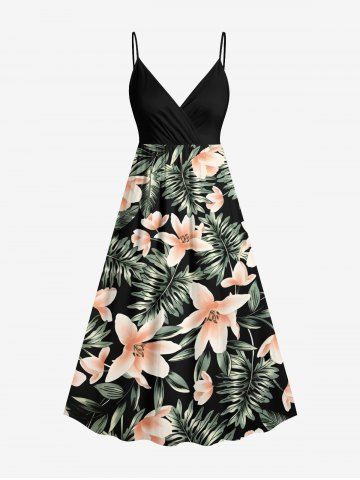 Plus Size Flowers Tropical Leaf Print Surplice Hawaii Cami Dress - BLACK - 5X