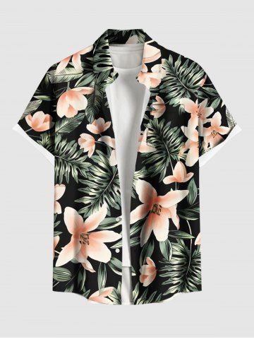 Plus Size Flowers Tropical Leaf Print Buttons Pocket Hawaii Shirt For Men - BLACK - S