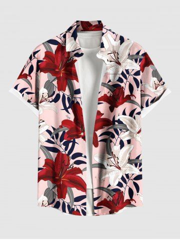 Plus Size Tropical Leaf Hibiscus Flower Print Hawaii Button Pocket Shirt For Men - RED - L