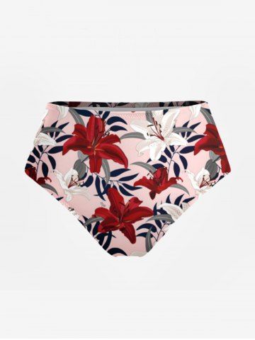 Tropical Leaf Hibiscus Flower Print Hawaii Swim Bottom - RED - XS