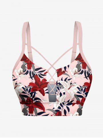 Tropical Leaf Hibiscus Flower Print Hawaii Lace Up Tankini Top(Adjustable Shoulder Strap) - RED - 5X