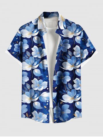 Plus Size Flowers Leaf Print Buttons Pocket Hawaii Shirt For Men - BLUE - 5XL