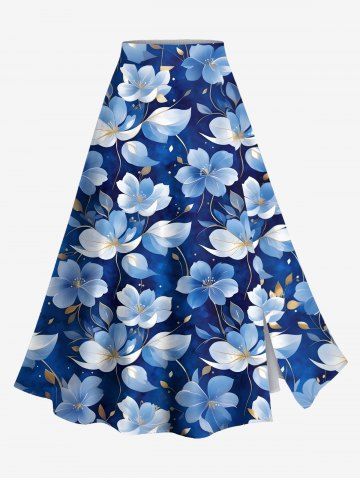 Plus Size Flowers Leaf Print Split Hawaii Skirt - BLUE - L