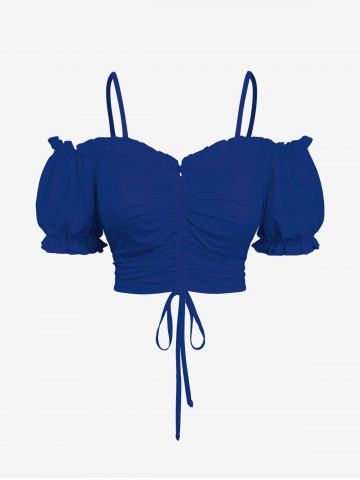 Plus Size Cinched Ruched Ruffles Cold Shoulder Cami Top - DEEP BLUE - XS