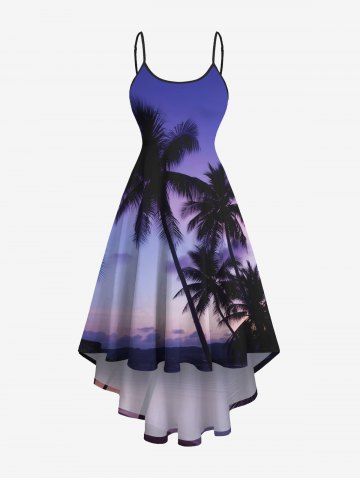 Plus Size Coconut Tree Ombre Galaxy Print Hawaii High Low Asymmetric Cami Dress - BLUE - XS