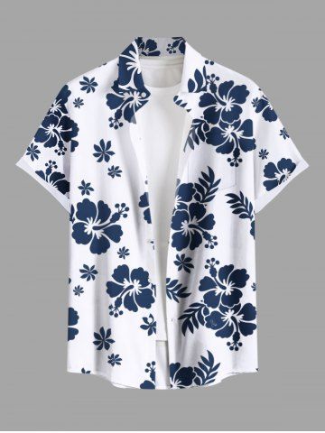 Plus Size Tropical Leaf Hibiscus Flower Print Hawaii Button Pocket Shirt For Men - WHITE - 4XL